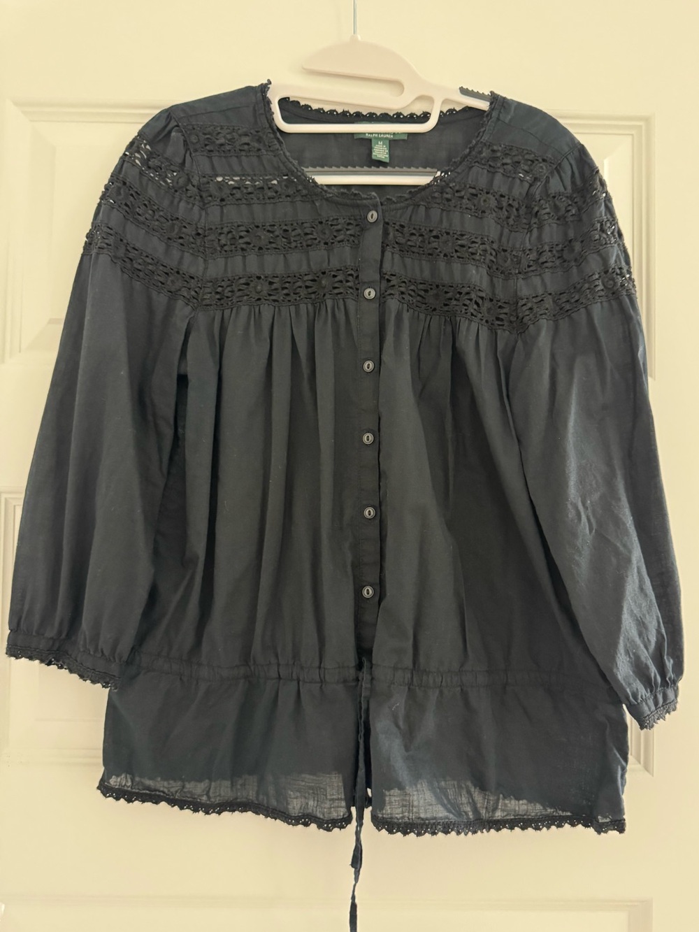 LRL Lauren Jeans Co Ralph Lauren Black Crochet Yoke Peasant Blouse M